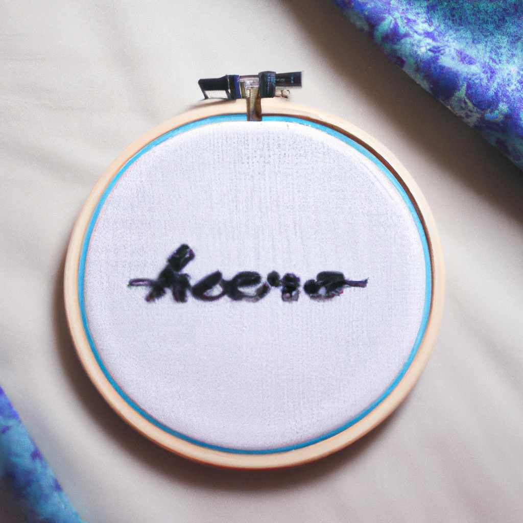 Muestra de punto de cruz minimalista en bastidor con hilos azules y arena