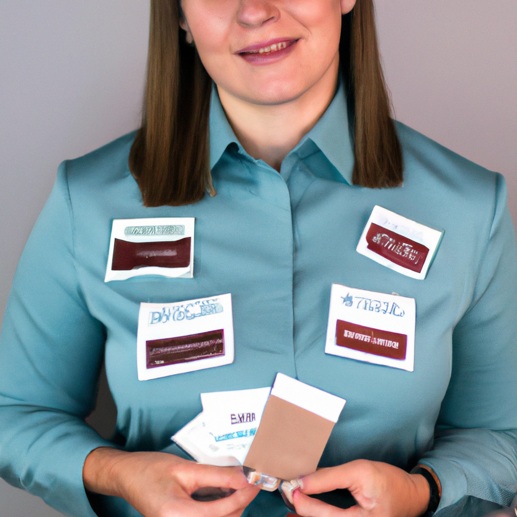 Retrato de especialista de soporte con muestras de bordado, fondo minimalista