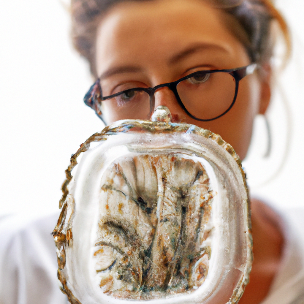 Retrato de diseñadora española con bastidor de bordado en fondo minimalista