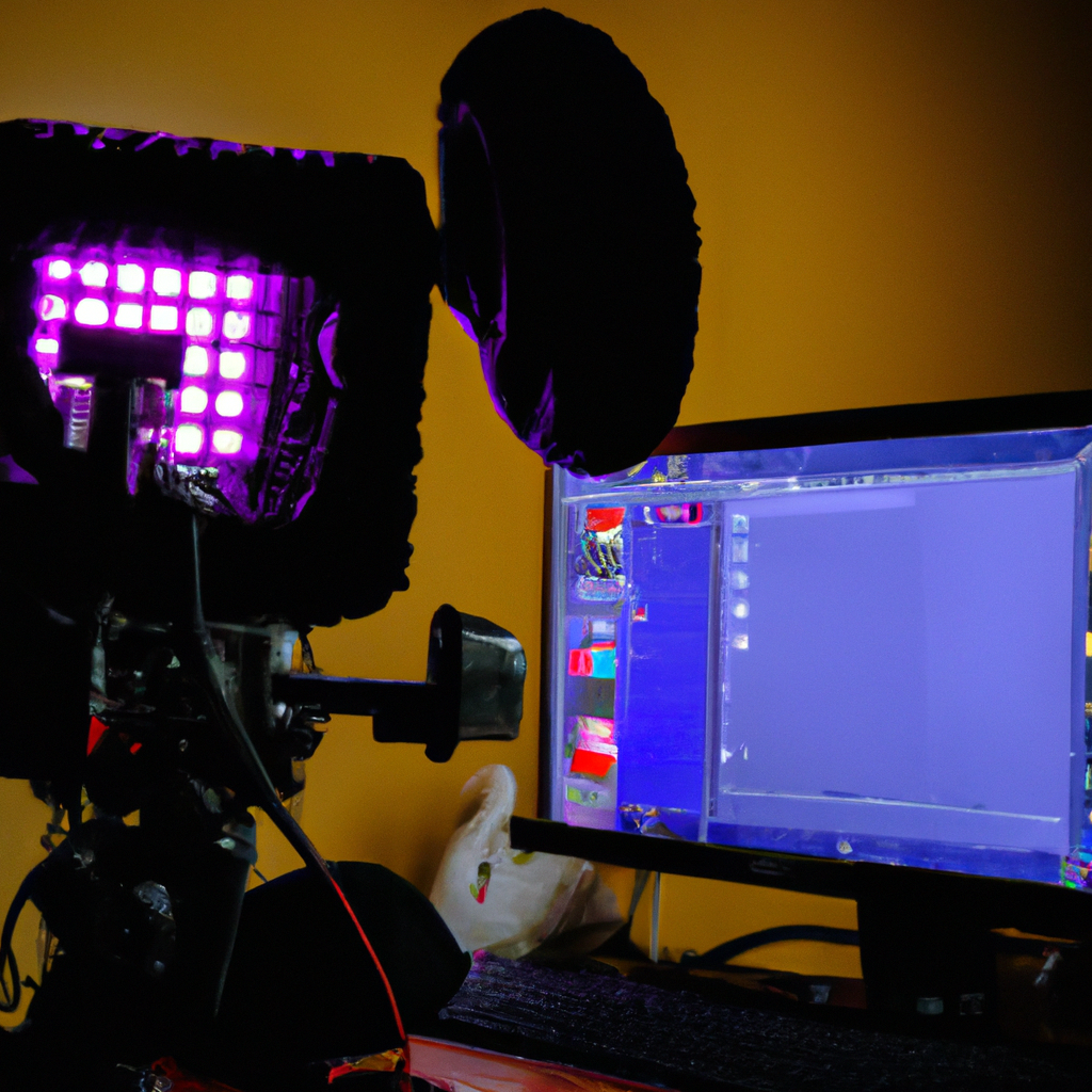 Retrato de editor de vídeo con material de b-roll de bordado en monitor, oficina minimalista