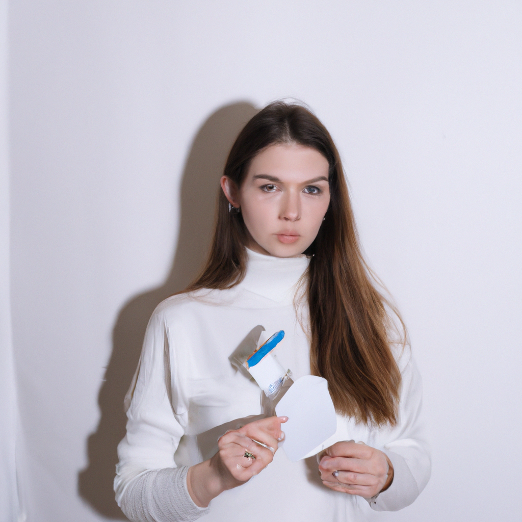 Retrato minimalista de diseñadora con paleta de hilos